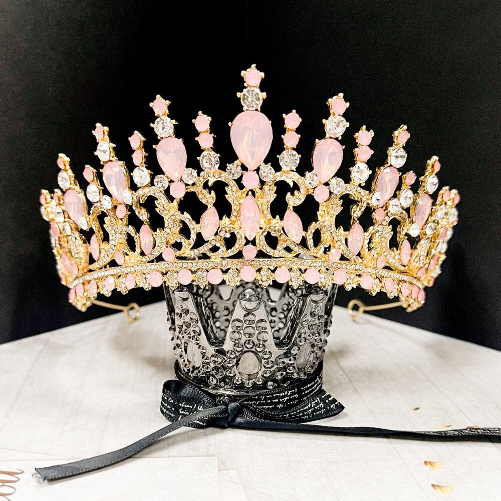 Pink and Gold Crystal Tiara Wedding Princess Gemstone Crown Adult women’s queen - Picture 10 of 11